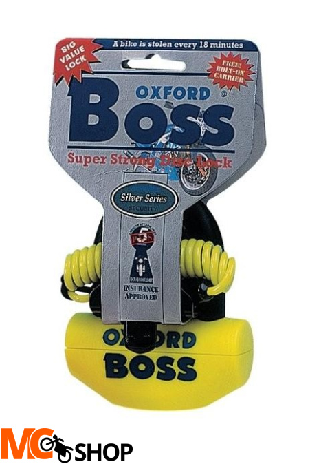 Blokada tarczy hamulcowej OXFORD Boss z przypominaczem i mocowaniem trzpień 14mm kolor żółty GS