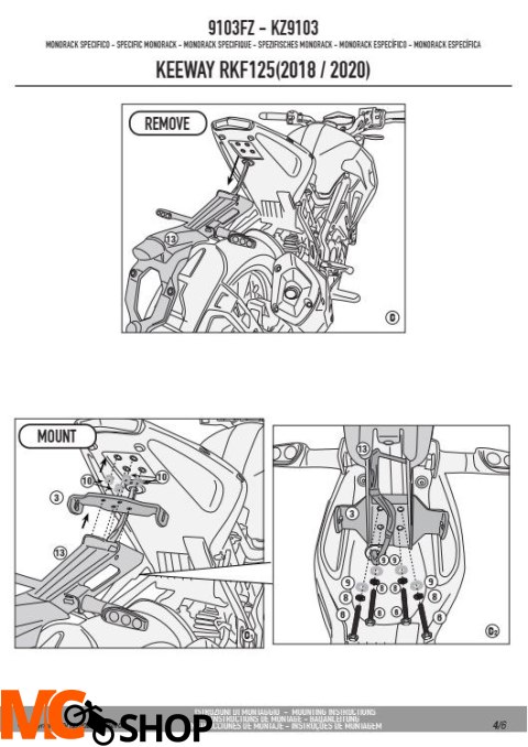 GIVI 9103FZ STELAŻ KUFRA CENTRALNEGO MONOLOCK (BEZ PŁYTY) KEEWAY RKF